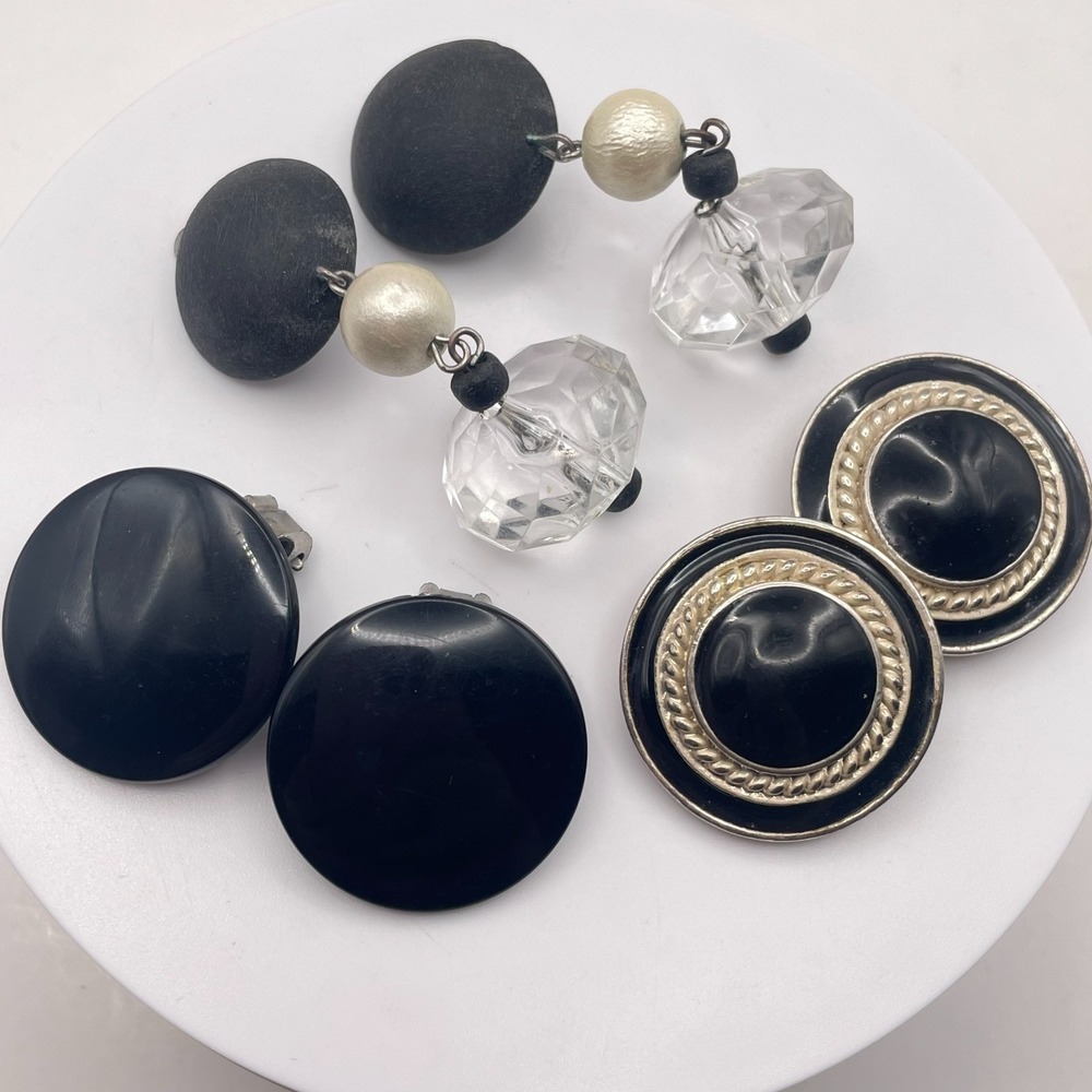 Vintage Y2K Black Lucite Silver Tone Textured Faux Pearl Clip On Earrings Lot 3